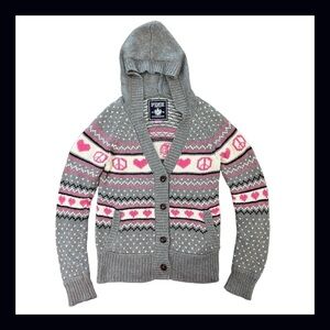 Vintage Victoria’s Secret PINK Fair Isle Hoodie Cardigan Peace Heart Sweater M